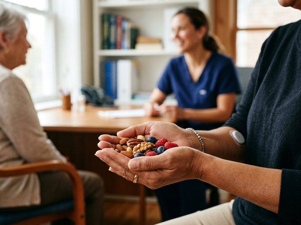 Bowl of mixed berries next to a fitness tracker, measuring tape, coffee mug, and notebook on a sunlit windowsill.