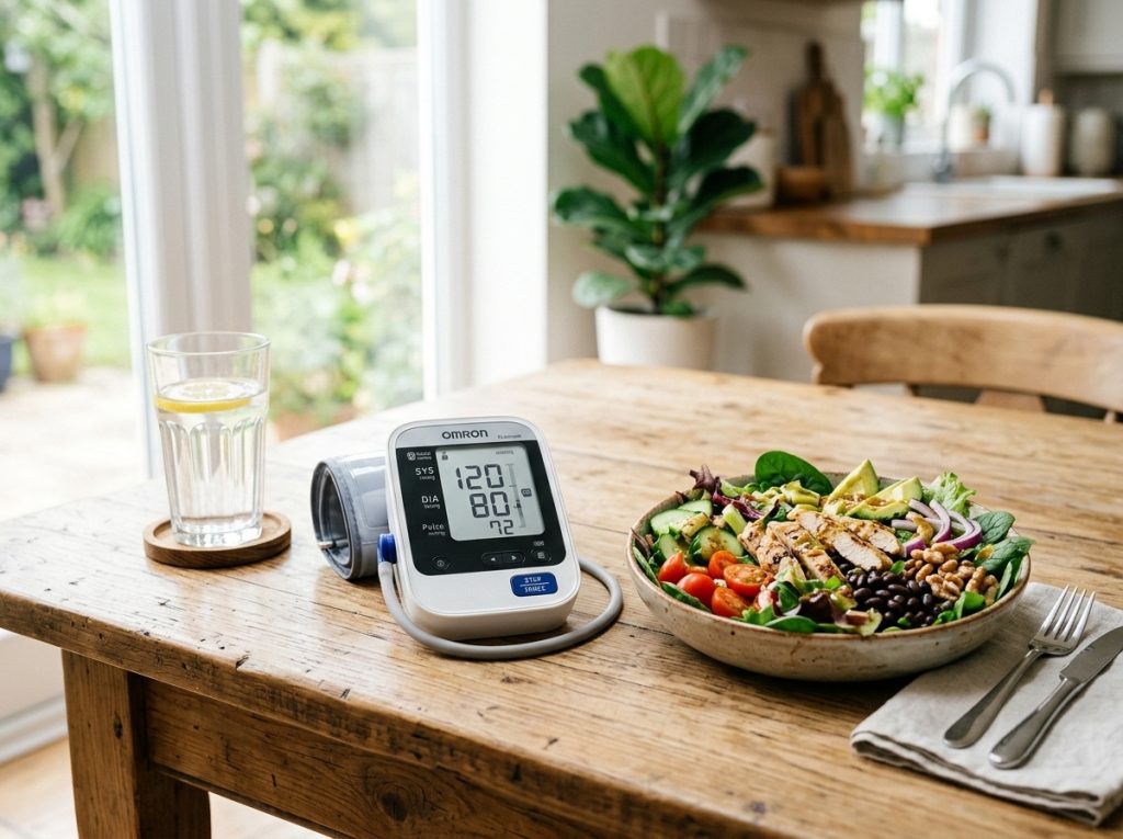 Blood glucose meter reading 105 mg/dL beside a stethoscope and a chicken salad on a table in a doctor's office.