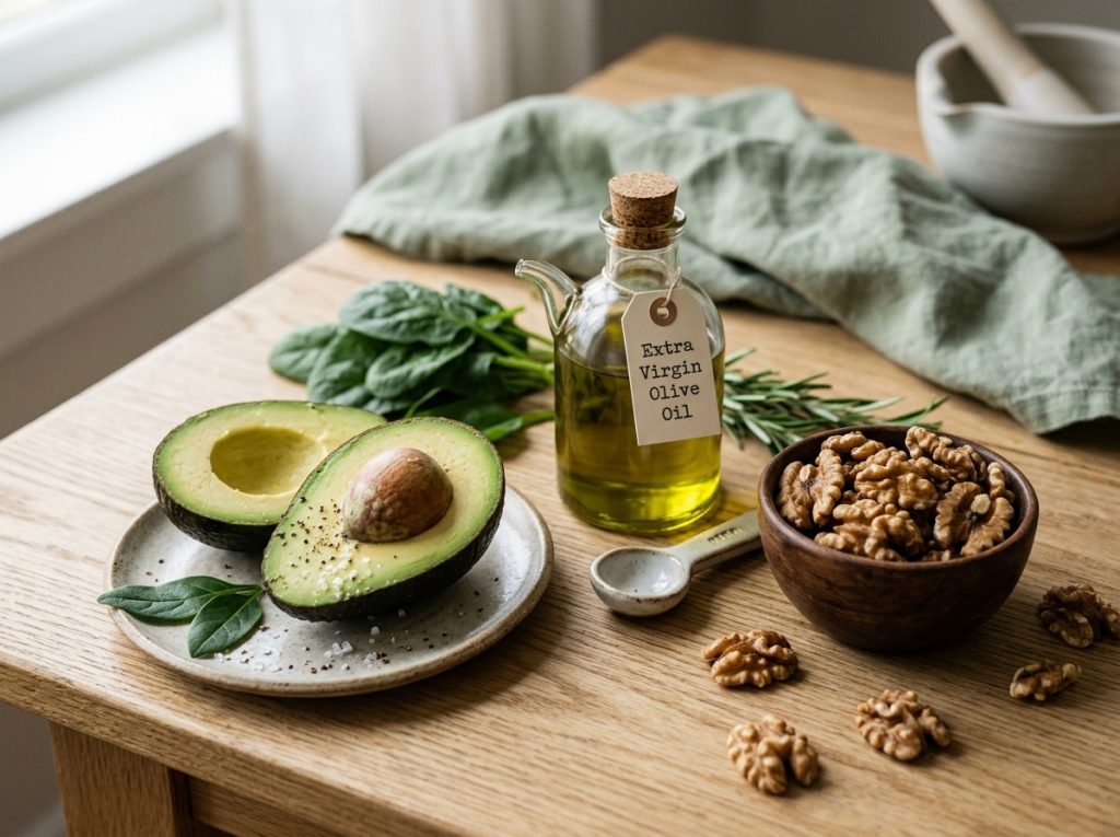 Sliced avocado, bottle of extra virgin olive oil, and bowl of walnuts on a wooden table with spinach and rosemary.