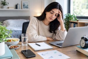 Adult experiencing chronic fatigue and low energy while working