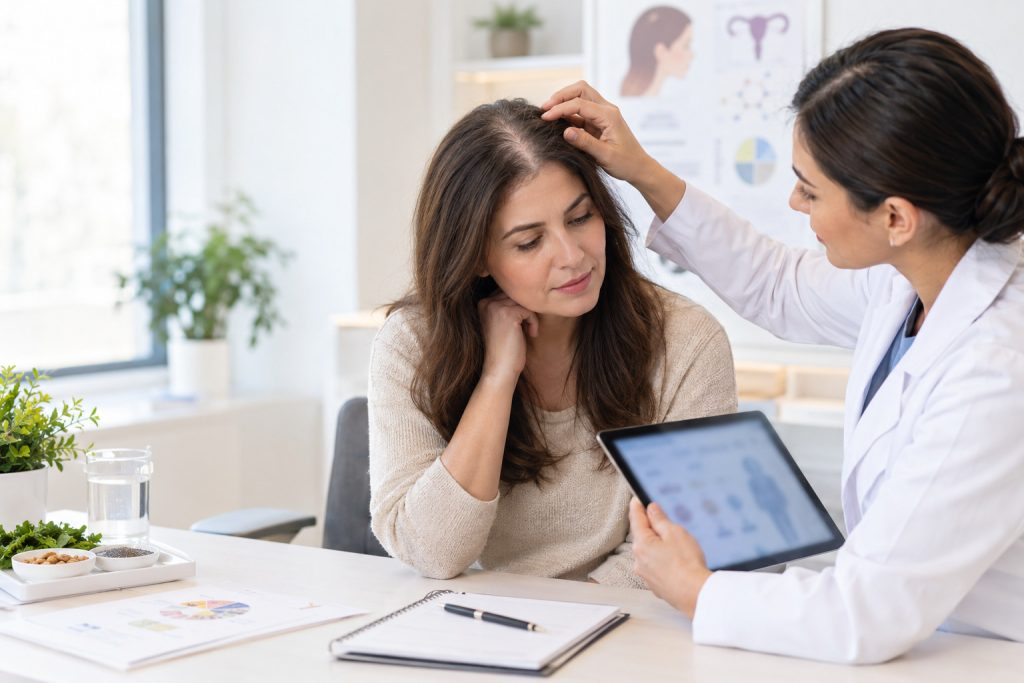 Woman discussing causes of hair loss with a healthcare professional