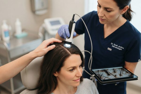 Dermatologist using a digital scalp scanner to examine hair roots on a client, with magnified scalp imagery displayed on a tablet screen